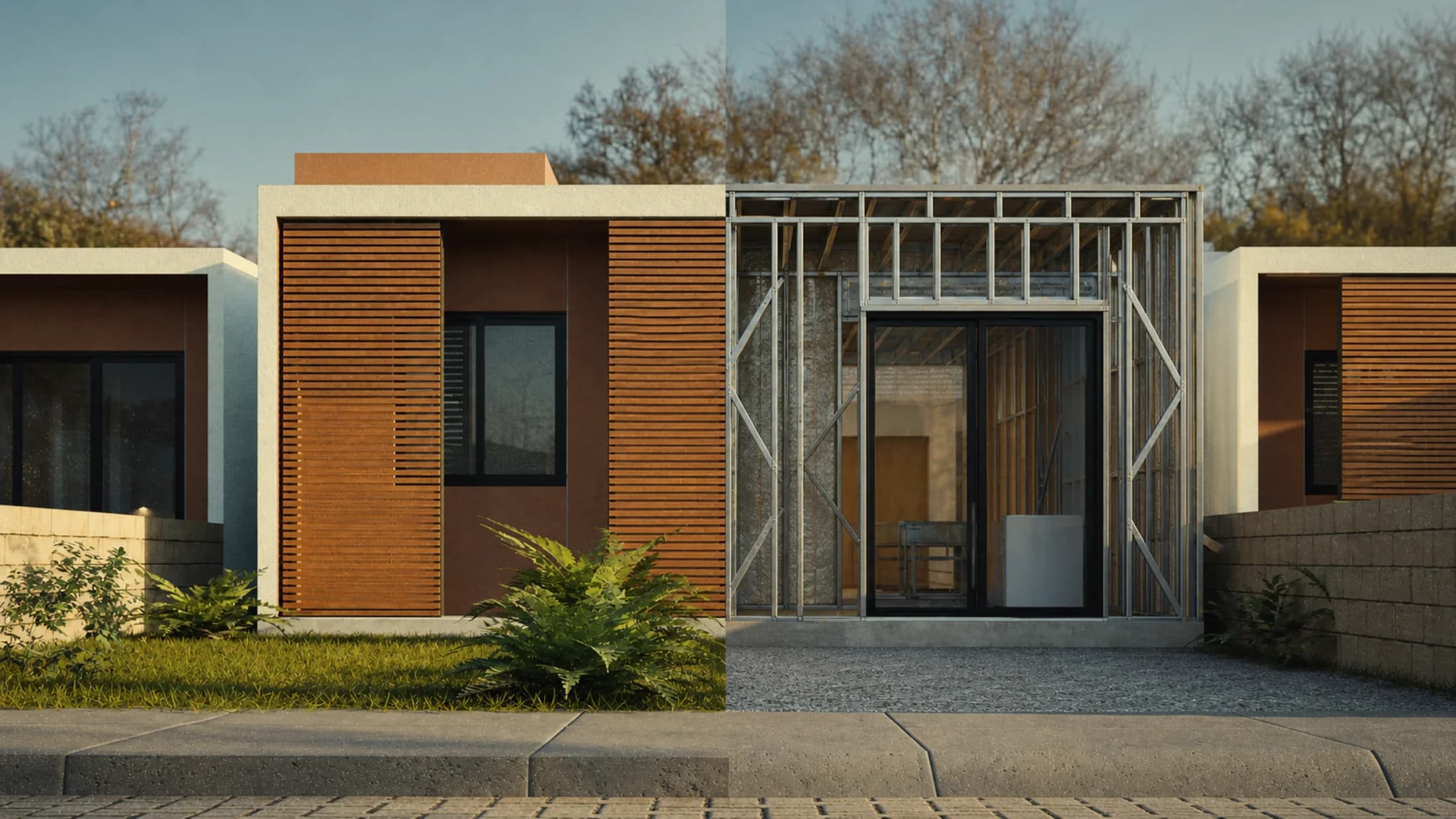 Casa Standard Comsteel, metade em estrutura de Light Steel Frame e metade finalizada